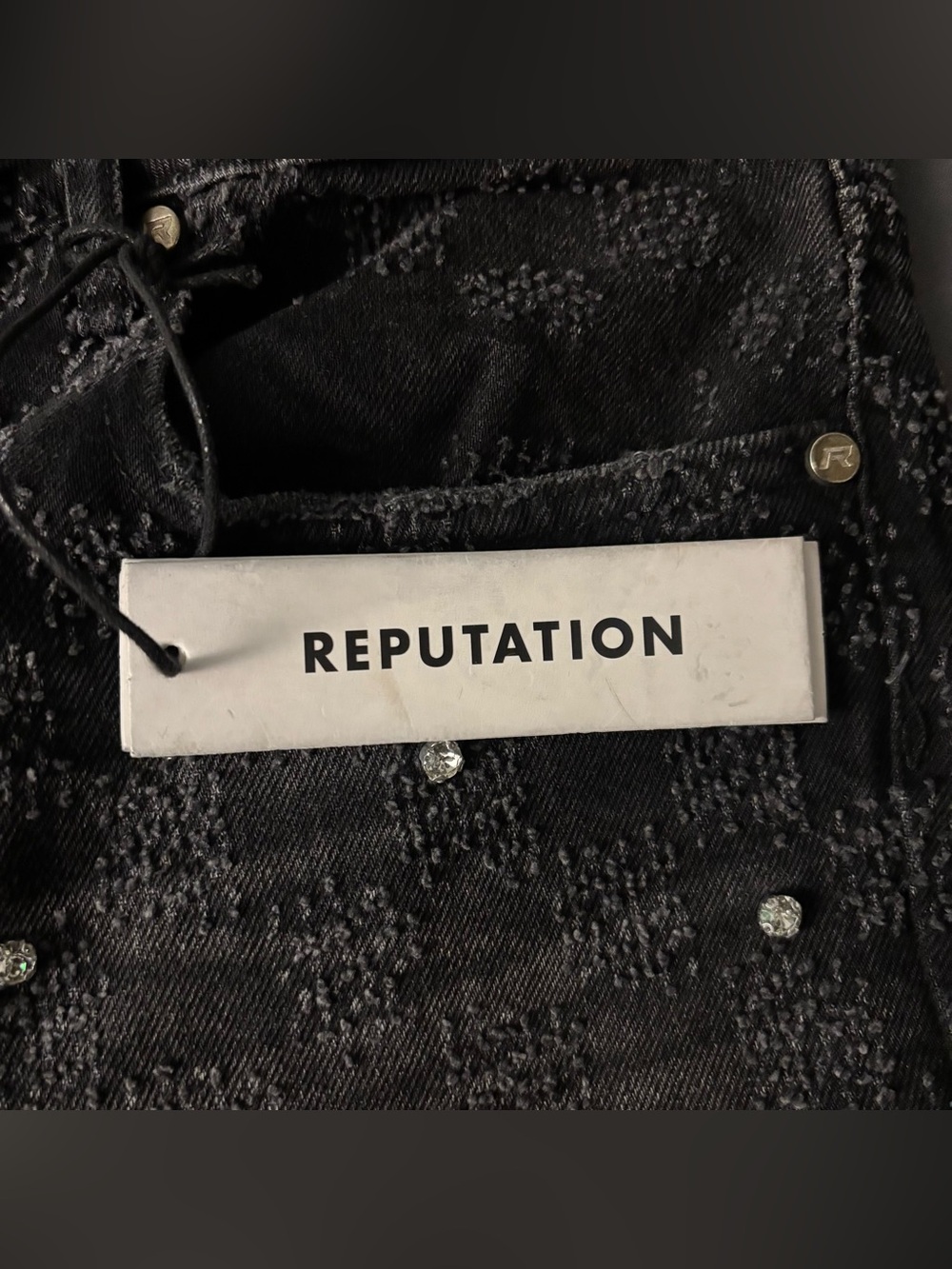 Reputation Studios Washed Black Rhinestone Flare Denim - Picture 6 of 10